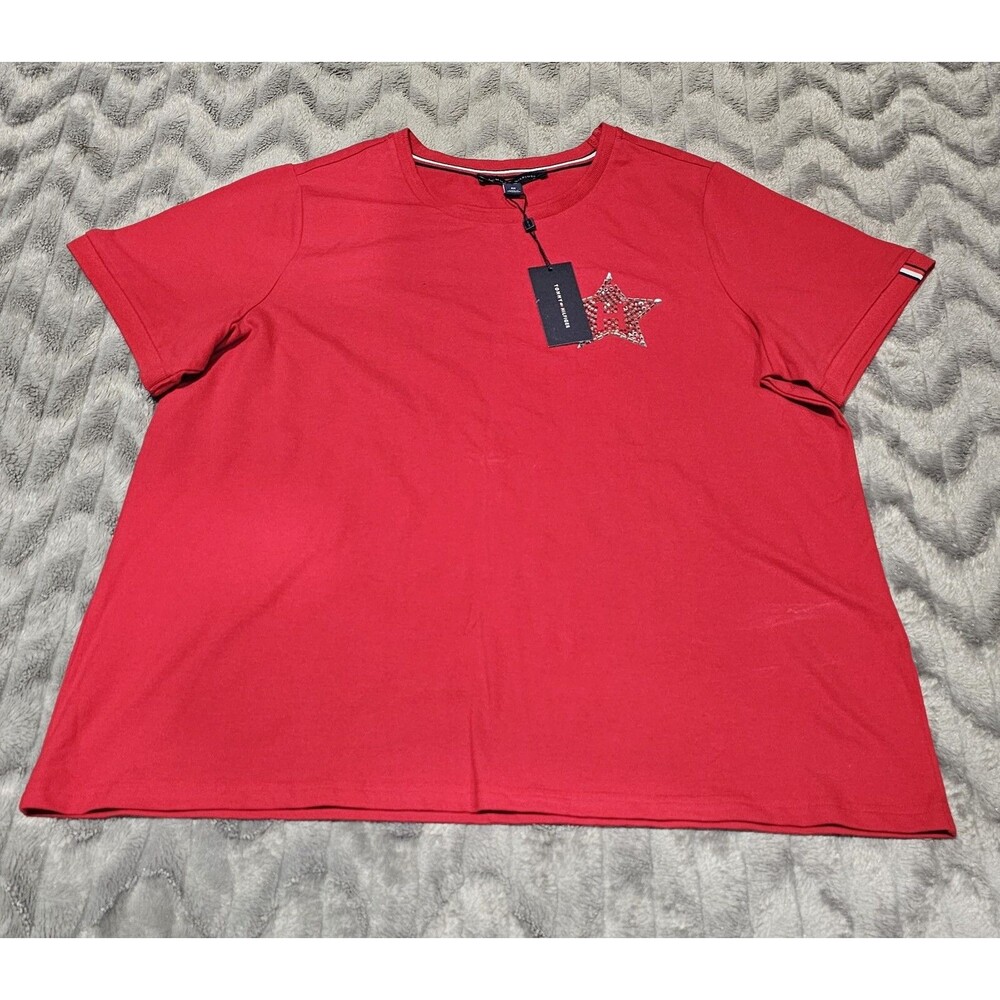 Tommy Hilfiger Womens Size 0X Red Short Sleeve Embellished Star Shirt NWD